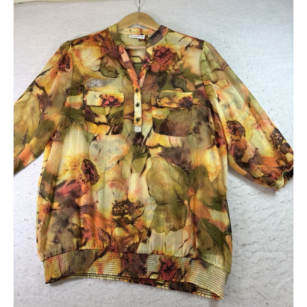 Susan Graver Womens Blouse Size 1X Multicolor Floral Pockets 3/4 Sleeve Top